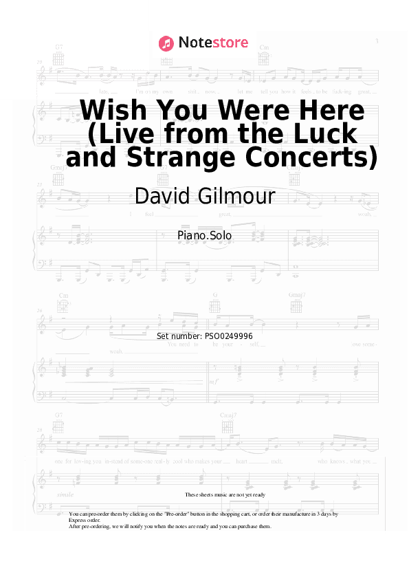 Wish You Were Here (Live from the Luck and Strange Concerts) - David Gilmour Piano Sheet Music - Piano.Solo