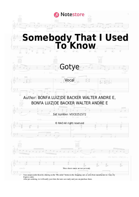 Somebody That I Used To Know - Gotye, Kimbra Vocal Sheet Music - Vocal