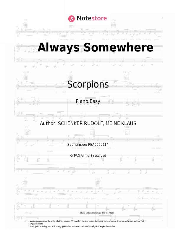 Always Somewhere - Scorpions Piano Sheet Music Easy - Piano.Easy