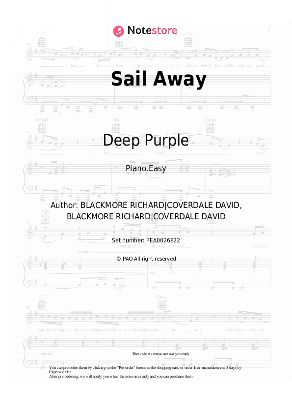 Sail Away - Deep Purple Piano Sheet Music Easy - Piano.Easy