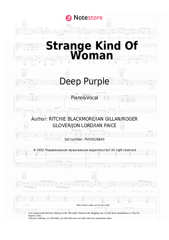 Strange Kind Of Woman - Deep Purple Piano Sheet Music with the Voice part - Piano&Vocal