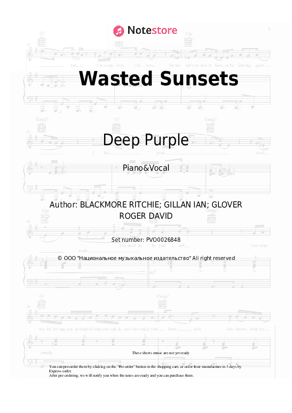 Wasted Sunsets - Deep Purple Piano Sheet Music with the Voice part - Piano&Vocal