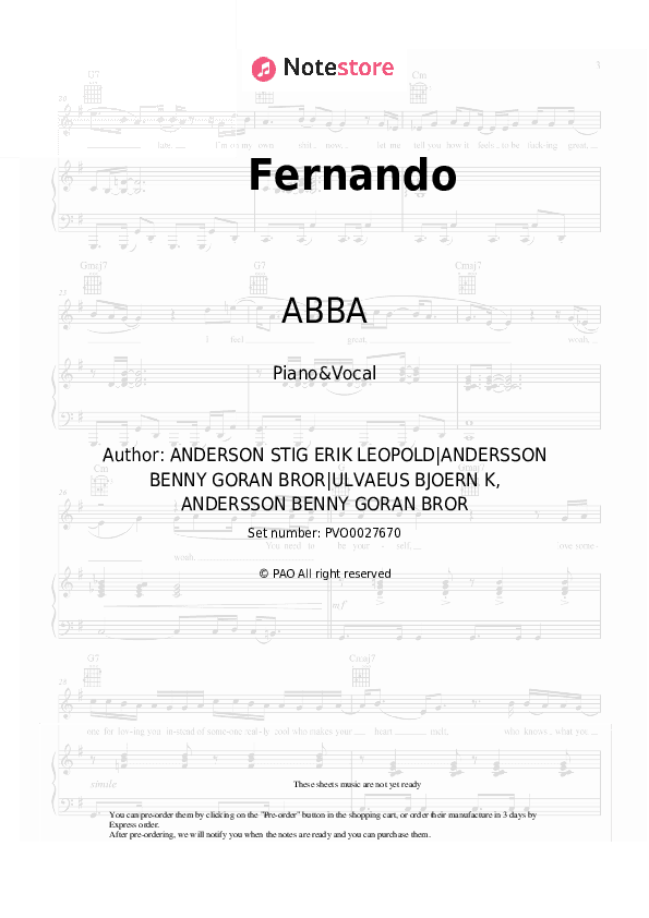 Fernando - ABBA Piano Sheet Music with the Voice part - Piano&Vocal