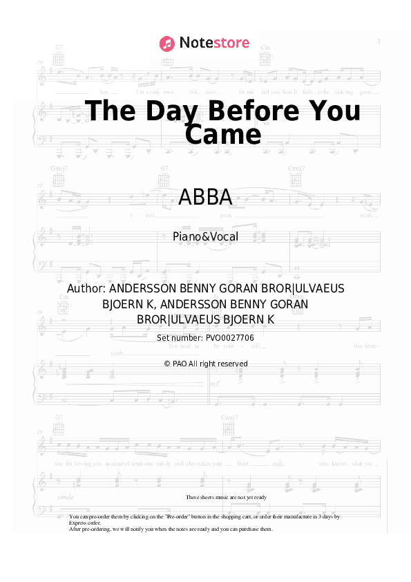 The Day Before You Came - ABBA Piano Sheet Music with the Voice part - Piano&Vocal