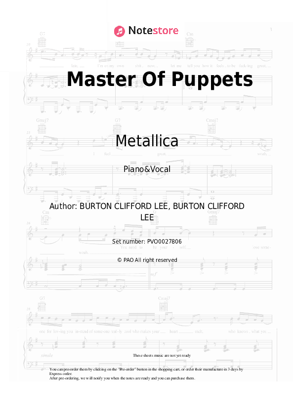 Master Of Puppets - Metallica Piano Sheet Music with the Voice part - Piano&Vocal
