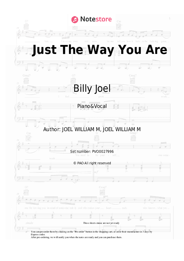 Just The Way You Are - Billy Joel Piano Sheet Music with the Voice part - Piano&Vocal