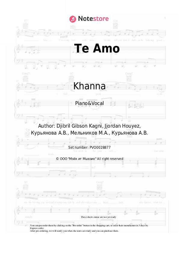 Te Amo - Khanna Piano Sheet Music with the Voice part - Piano&Vocal