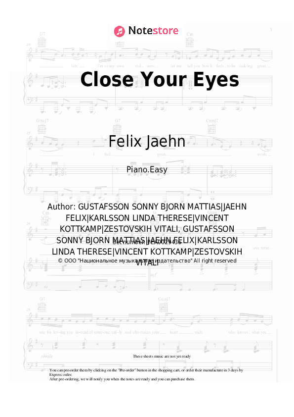 Close Your Eyes - Felix Jaehn, VIZE, Miss Li Piano Sheet Music Easy - Piano.Easy