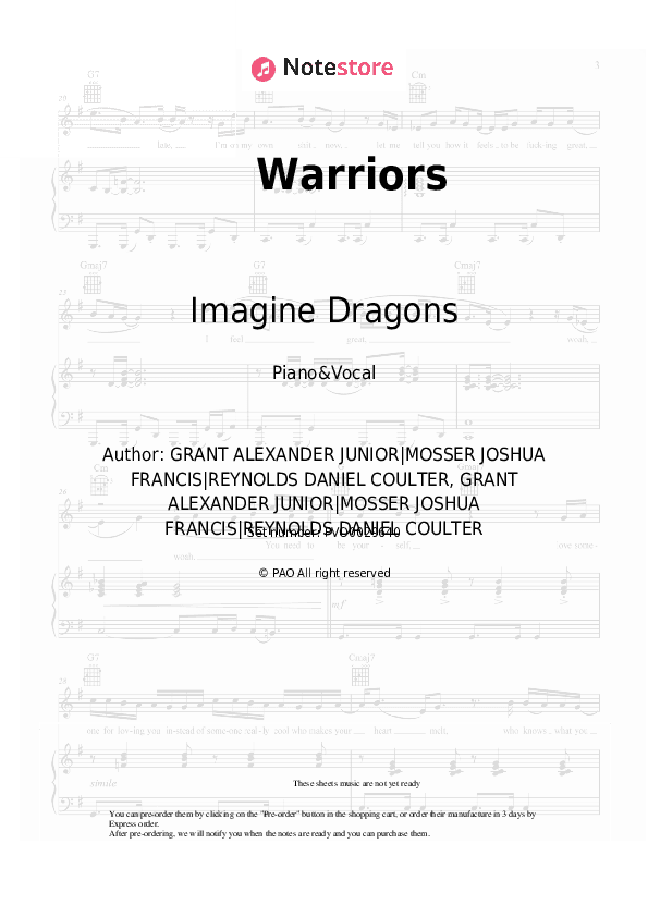 Warriors - Imagine Dragons Piano Sheet Music with the Voice part - Piano&Vocal