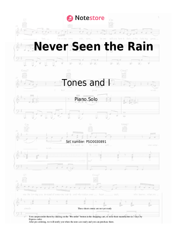 Never Seen the Rain - Tones and I Piano Sheet Music - Piano.Solo
