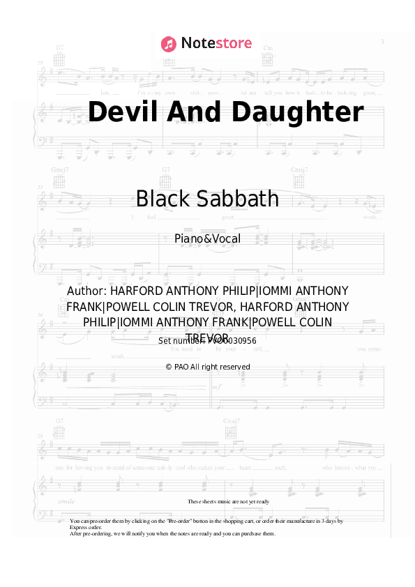Devil And Daughter - Black Sabbath Piano Sheet Music with the Voice part - Piano&Vocal