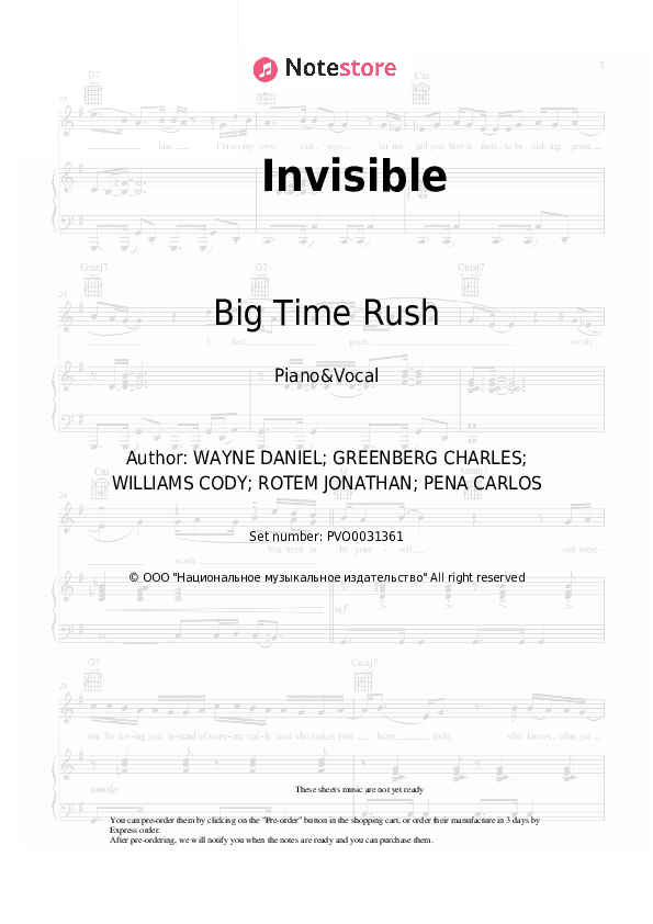 Invisible - Big Time Rush Piano Sheet Music with the Voice part - Piano&Vocal