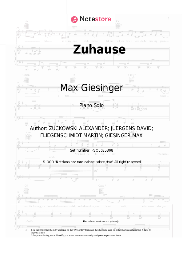 Zuhause - Max Giesinger Piano Sheet Music - Piano.Solo