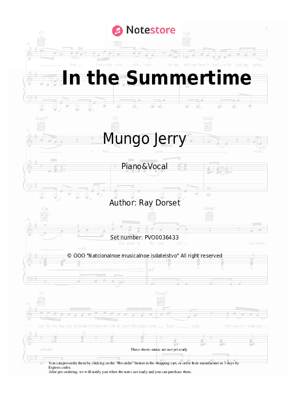 In the Summertime - Mungo Jerry Piano Sheet Music with the Voice part - Piano&Vocal