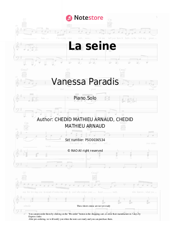 La seine - Vanessa Paradis, -M- (Matthieu Chedid) Piano Sheet Music - Piano.Solo