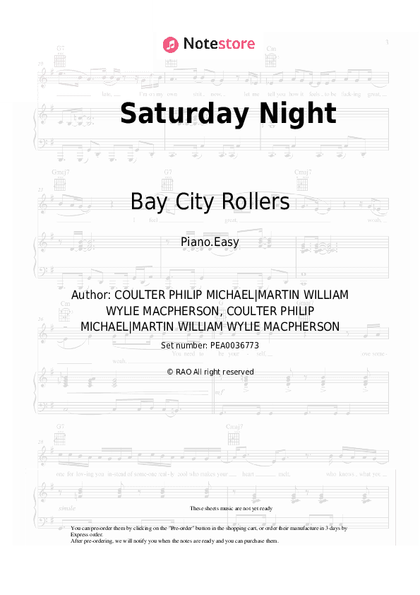 Saturday Night - Bay City Rollers Piano Sheet Music Easy - Piano.Easy