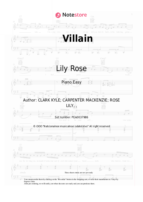 Villain - Lily Rose Piano Sheet Music Easy - Piano.Easy