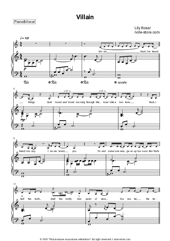 Villain - Lily Rose Piano Sheet Music with the Voice part - Piano&Vocal