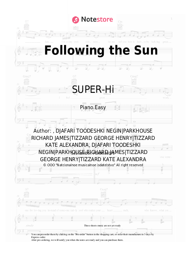 Following the Sun - SUPER-Hi, Neeka Piano Sheet Music Easy - Piano.Easy