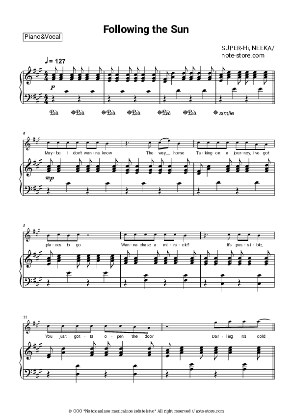 Following the Sun - SUPER-Hi, Neeka Piano Sheet Music with the Voice part - Piano&Vocal