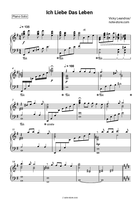 Ich liebe das Leben - Vicky Leandros Piano Sheet Music - Piano.Solo
