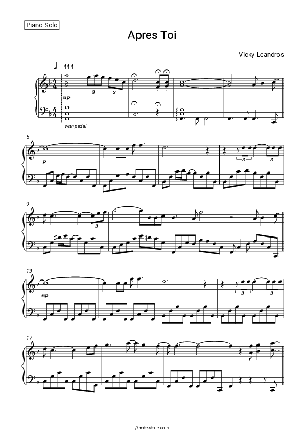 Apres Toi - Vicky Leandros Piano Sheet Music - Piano.Solo
