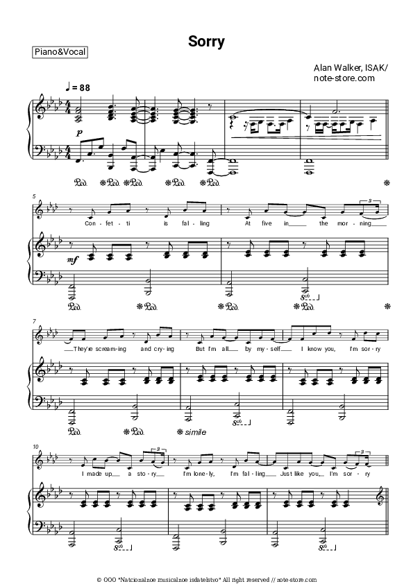 Sorry - Alan Walker, ISÁK Piano Sheet Music with the Voice part - Piano&Vocal