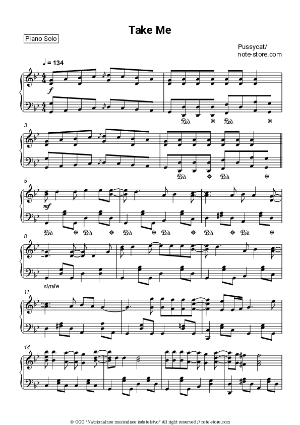 Take Me - Pussycat Piano Sheet Music - Piano.Solo