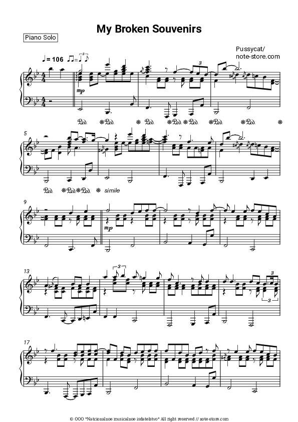 My Broken Souvenirs - Pussycat Piano Sheet Music - Piano.Solo