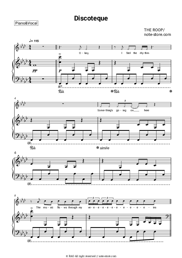 Discoteque - THE ROOP Piano Sheet Music with the Voice part - Piano&Vocal