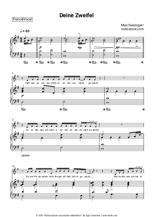 Deine Zweifel - Max Giesinger Piano Sheet Music with the Voice part - Piano&Vocal
