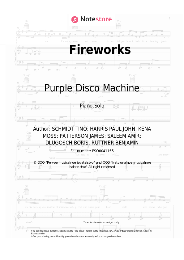 Fireworks - Purple Disco Machine, Moss Kena, The Knocks Piano Sheet Music - Piano.Solo