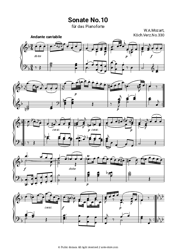 Piano Sonata No. 10 in C major, movement 2 Andante cantabile - Wolfgang Amadeus Mozart Piano Sheet Music - Piano.Solo