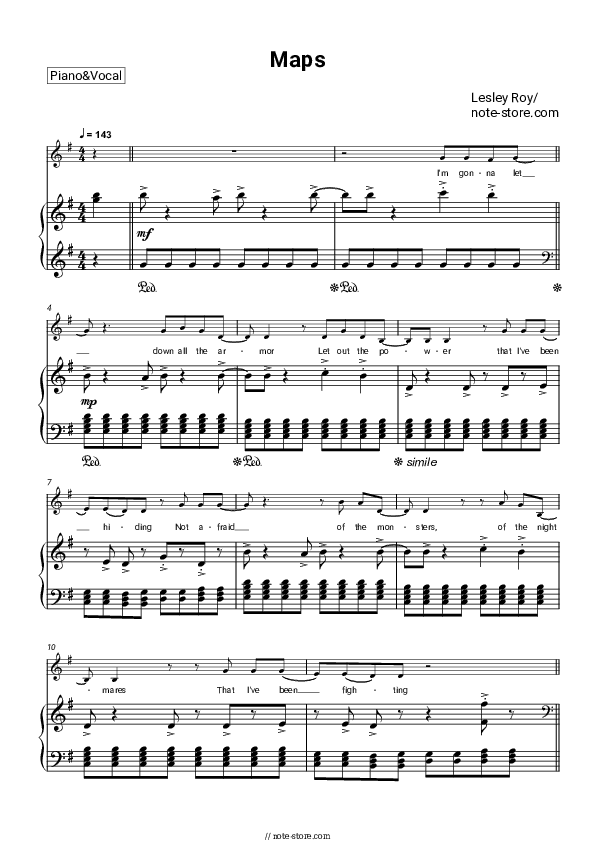 Maps - Lesley Roy Piano Sheet Music with the Voice part - Piano&Vocal