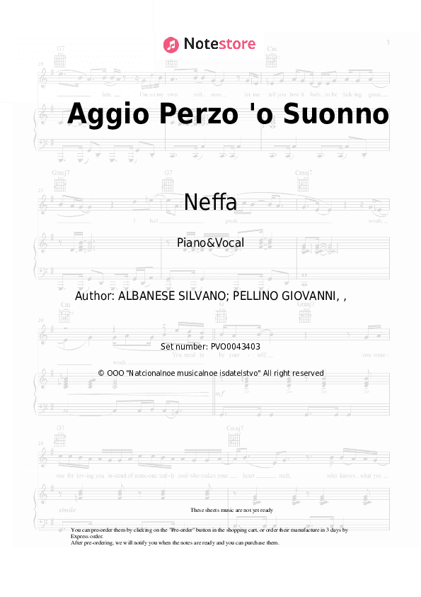 Aggio Perzo 'o Suonno - Neffa, Coez, TY1 Piano Sheet Music with the Voice part - Piano&Vocal