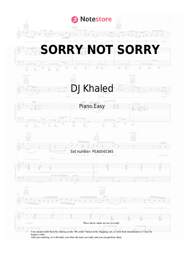 SORRY NOT SORRY - DJ Khaled, Jay-Z, Nas, James Fauntleroy, Harmonies by The Hive Piano Sheet Music Easy - Piano.Easy