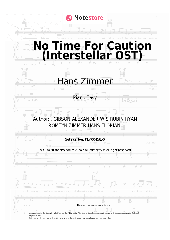 No Time For Caution (Interstellar OST) - Hans Zimmer Piano Sheet Music Easy - Piano.Easy