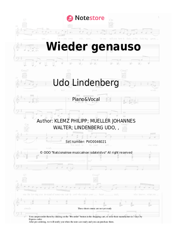 Wieder genauso - Udo Lindenberg Piano Sheet Music with the Voice part - Piano&Vocal