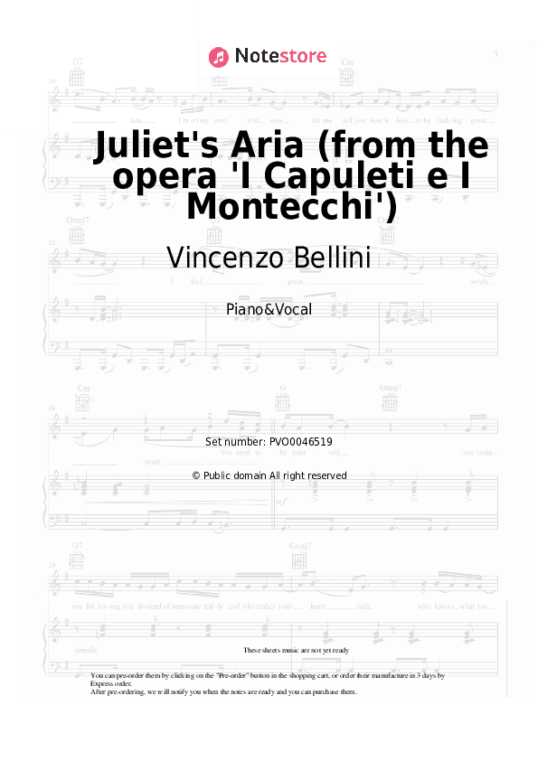 Juliet's Aria (from the opera 'I Capuleti e I Montecchi') - Vincenzo Bellini Piano Sheet Music with the Voice part - Piano&Vocal