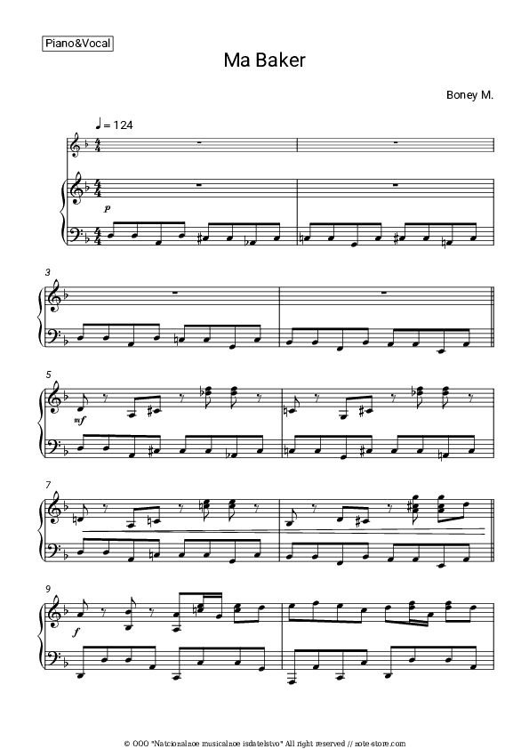 Ma Baker - Boney M Piano Sheet Music with the Voice part - Piano&Vocal