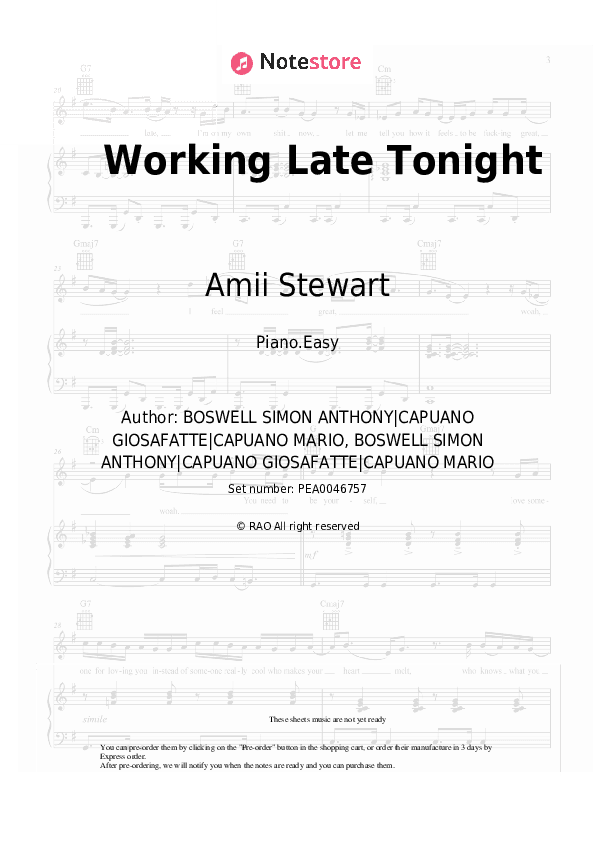 Working Late Tonight - Amii Stewart Piano Sheet Music Easy - Piano.Easy