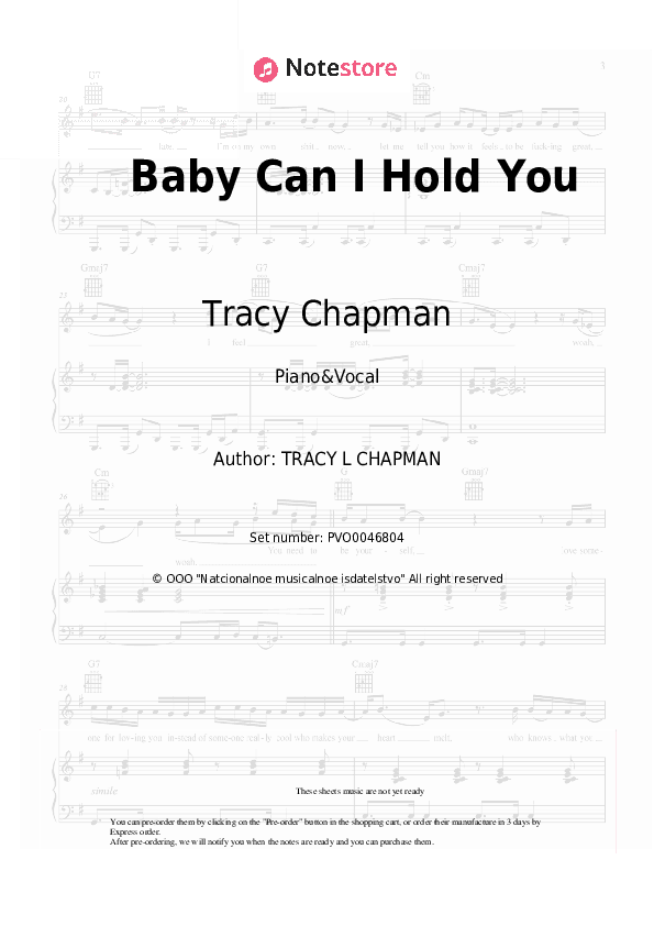 Baby Can I Hold You - Tracy Chapman Piano Sheet Music with the Voice part - Piano&Vocal