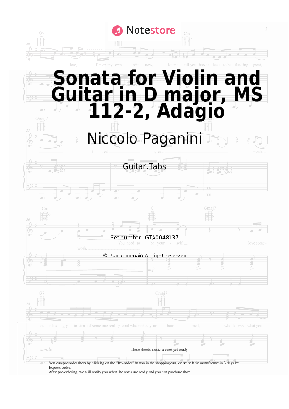 Sonata for Violin and Guitar in D major, MS 112-2, Adagio - Niccolo Paganini Tabs - Guitar.Tabs