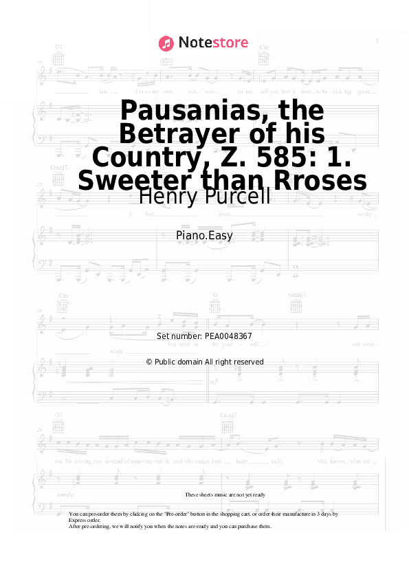 Pausanias, the Betrayer of his Country, Z. 585: 1. Sweeter than Rroses - Henry Purcell Piano Sheet Music Easy - Piano.Easy