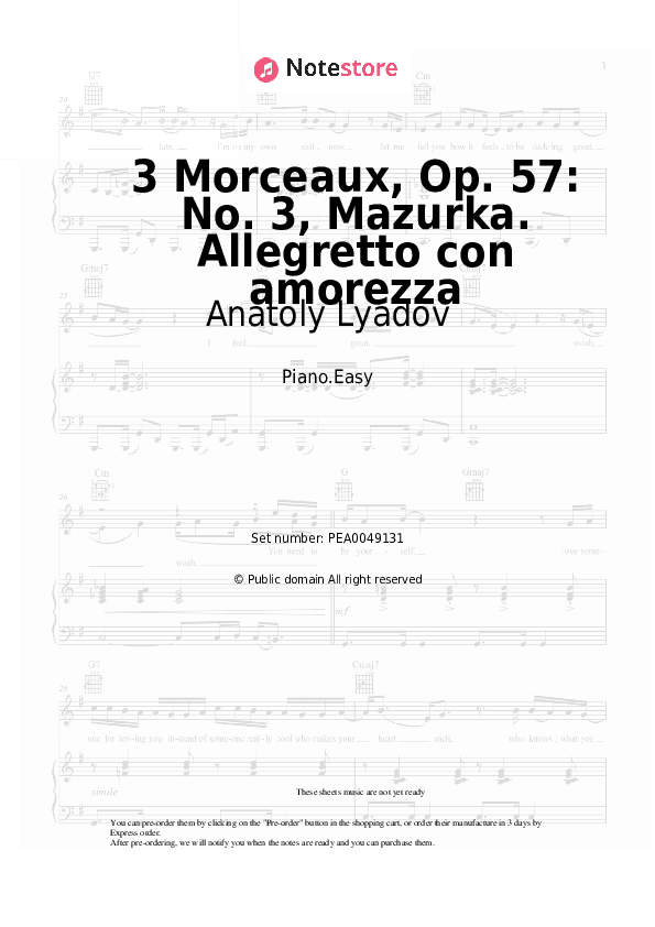 3 Morceaux, Op. 57: No. 3, Mazurka. Allegretto con amorezza - Anatoly Lyadov Piano Sheet Music Easy - Piano.Easy