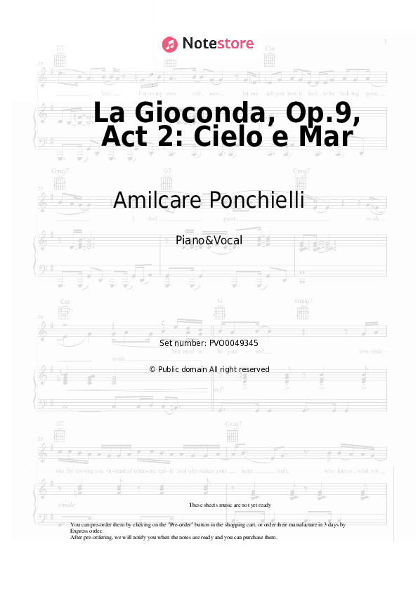 La Gioconda, Op.9, Act 2: Cielo e Mar - Amilcare Ponchielli Piano Sheet Music with the Voice part - Piano&Vocal