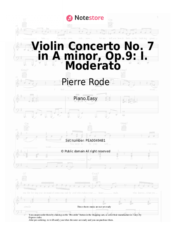 Violin Concerto No. 7 in A minor, Op.9: I. Moderato - Pierre Rode Piano Sheet Music Easy - Piano.Easy