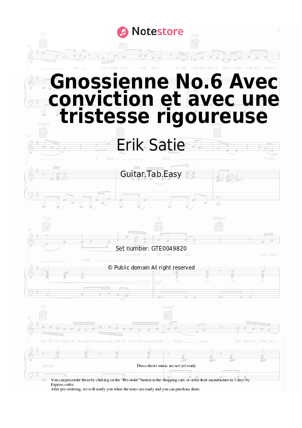 Gnossienne No.6 Avec conviction et avec une tristesse rigoureuse - Erik Satie Tabs Easy - Guitar.Tab.Easy