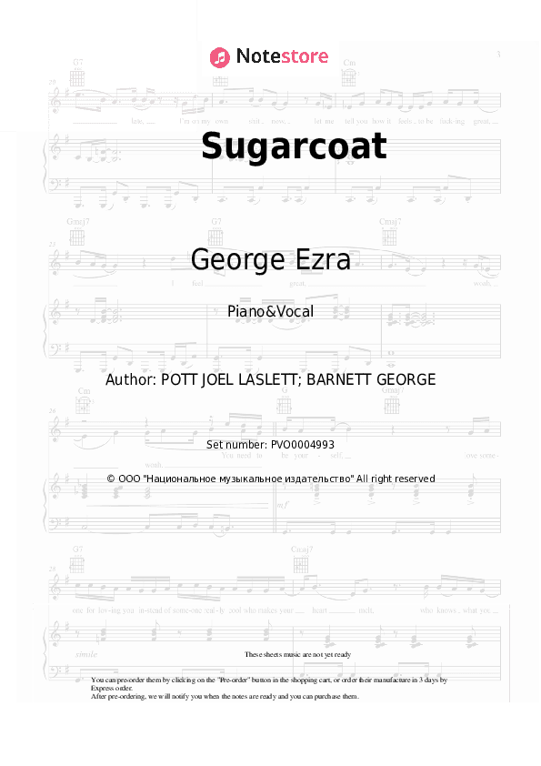 Sugarcoat - George Ezra Piano Sheet Music with the Voice part - Piano&Vocal