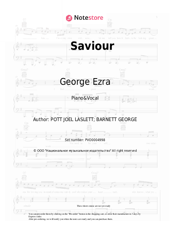 Saviour - George Ezra, First Aid Kit Piano Sheet Music with the Voice part - Piano&Vocal
